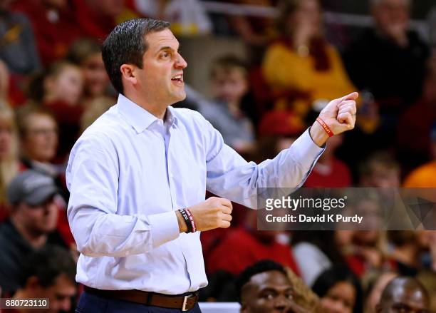 Head coach Steve Prohm of the Iowa State Cyclones coaches from the bench in the second half of play against the Western Illinois Leathernecks at...