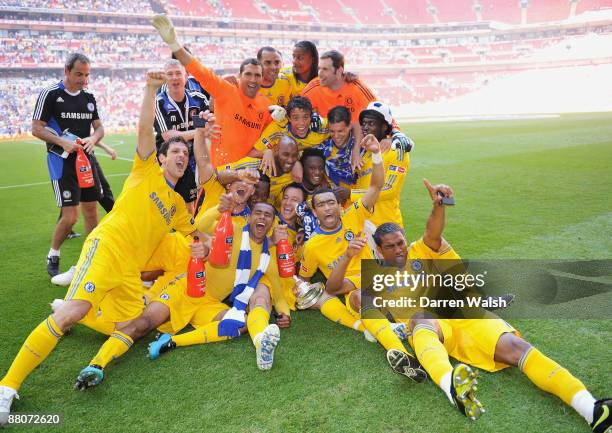 Chelsea players celebrate victory after the FA Cup sponsored by E.ON Final match between Chelsea and Everton at Wembley Stadium on May 30, 2009 in...