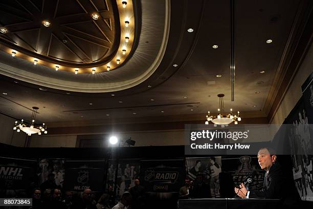 Gary Bettman speaks during a press conference prior to the start of Game 1 of the 2009 Stanley Cup Finals between the Pittsburgh Penguins and the...