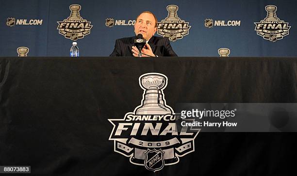 Gary Bettman speaks during a press conference prior to the start of Game 1 of the 2009 Stanley Cup Finals between the Pittsburgh Penguins and the...