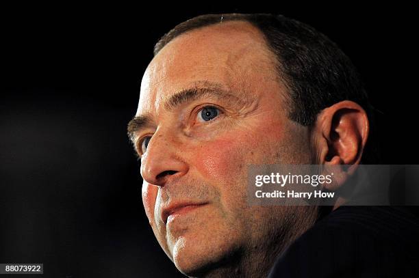 Gary Bettman speaks during a press conference prior to the start of Game 1 of the 2009 Stanley Cup Finals between the Pittsburgh Penguins and the...