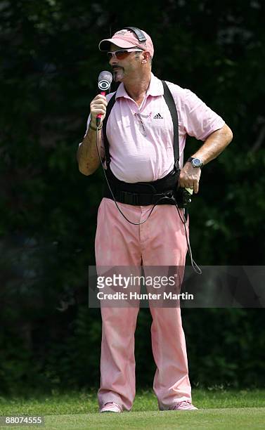 Sports golf analyst David Feherty wears a pink outfit in support of Amy Mickelson and breast cancer research during the third round of the Crowne...