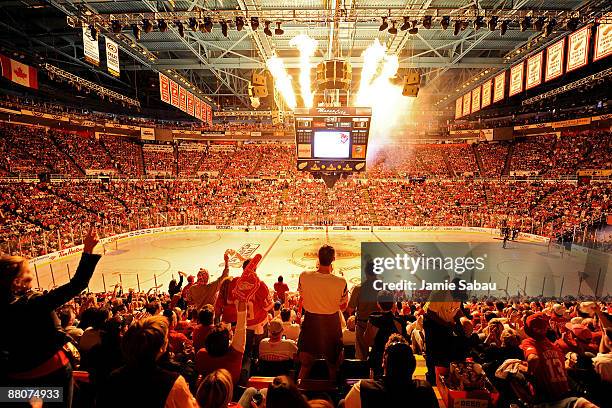 Flames come out of the scoreboard during player introductions prior to Game 1 of the 2009 Stanley Cup Finals between the Detroit Red Wings and...
