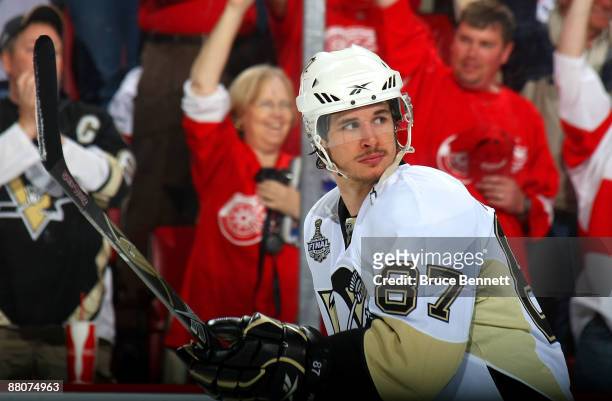 Sidney Crosby of the Pittsburgh Penguins skates onto the ice before facing the Detroit Red Wings during Game 1 of the 2009 Stanley Cup Finals at Joe...