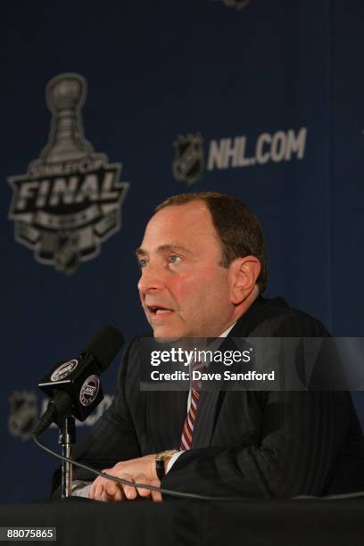 Gary Bettman speaks with the media prior to the start of game one between the Pittsburgh Penguins and the Detroit Red Wings at the Renassaince Center...