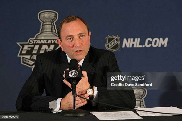 Gary Bettman speaks with the media prior to the start of game one between the Pittsburgh Penguins and the Detroit Red Wings at the Renassaince Center...