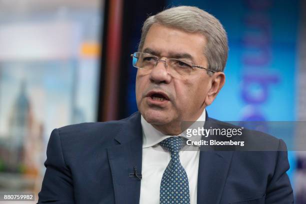 Amr El-Garhy, Egypt's finance minister, speaks during a Bloomberg Television interview in London, U.K., on Friday, Nov. 24, 2017. Egypt will begin...