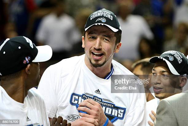 Hedo Turkoglu of the Orlando Magic celebrates on the court after defeating the Cleveland Cavaliers in Game Six of the Eastern Conference Finals...