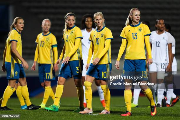 Linda Sembrant and Sofia Jakobsson and Amanda Ilestedt of Sweden during the Women's friendly international match between France and Sweden the at...