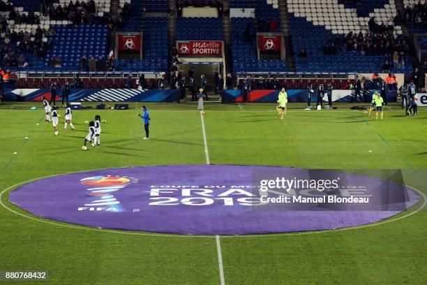 Logo of FIFA World Cup France 2019 during the Women's friendly international match between France and Sweden the at Stade Chaban-Delmas on November...