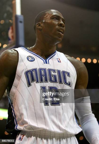 Dwight Howard of the Orlando Magic reacts after a play late in the game against the Cleveland Cavaliers in Game Six of the Eastern Conference Finals...