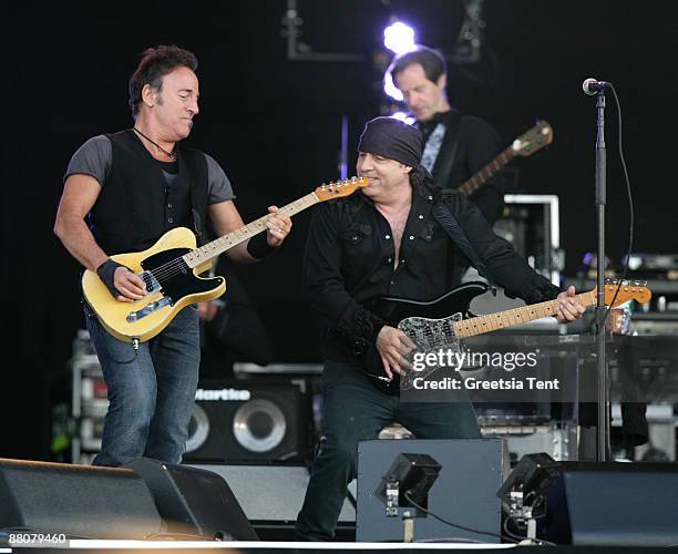 Bruce Springsteen and Steven van Zandt of the E Street Band perform live on day one of the 40th Pinkpop Festival at Megaland on May 30, 2009 in...