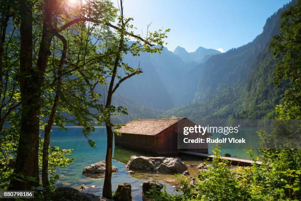 idyllic summer landscape, obersee, bavarian alps - thüringen stock-fotos und bilder