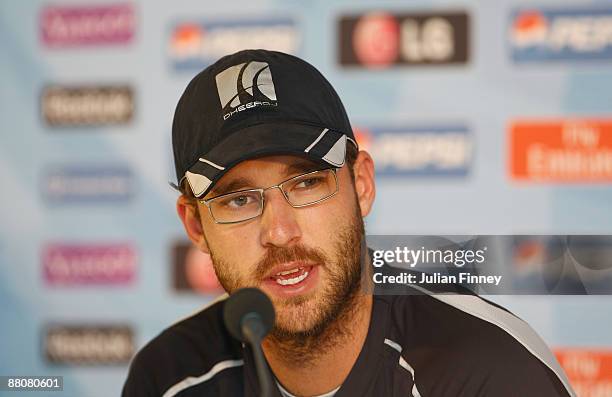 New Zealand captain Daniel Vettori talks to the media during a press conference for the Twenty 20 World Cup at Lords on May 31, 2009 in London,...