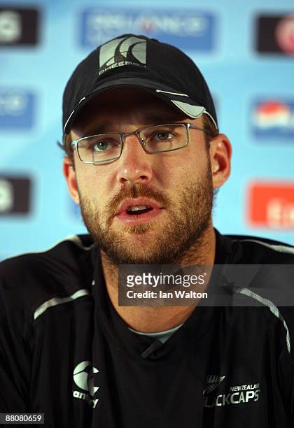 New Zealand captain Daniel Vettori talks to the media during a press conference for the Twenty 20 World Cup at Lords on May 31, 2009 in London,...