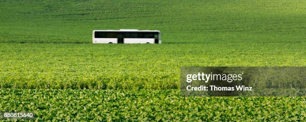 commiter bus driving through agricultural field - coach bus stock pictures, royalty-free photos & images