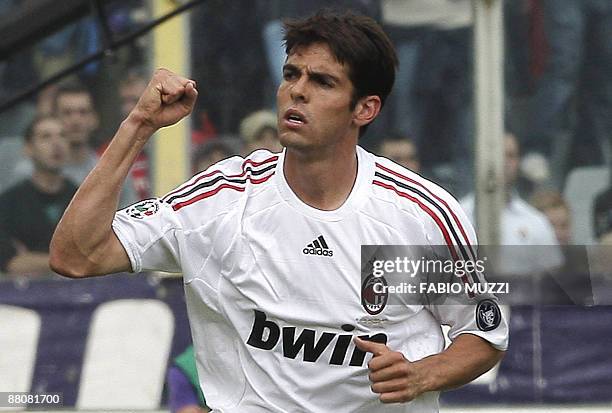 Milan's Brazilian player Kaka celebrates after scoring against Fiorentina during the Italian Serie A football match AC Milan versus Fiorentina on May...