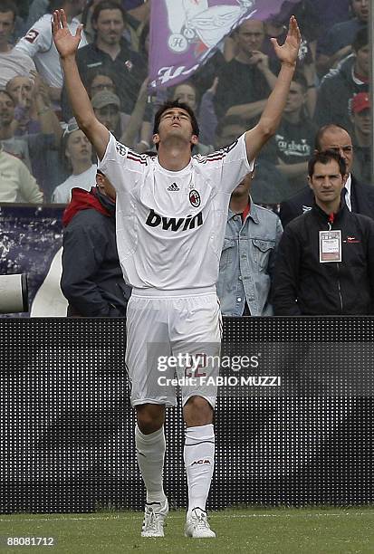 Milan's Brazilian player Kaka celebrates after scoring against Fiorentina during the Italian Serie A football match AC Milan versus Fiorentina on May...