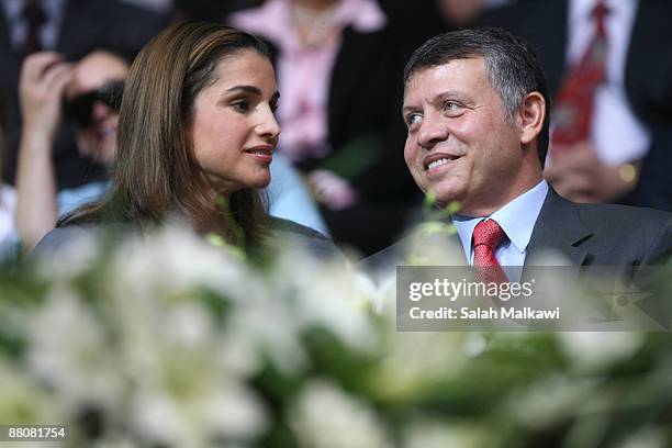 Queen Rania of Jordan and King Abdullah II of Jordan attend the King Abdullah II award ceremony for physical fitness held at the Al-Hussein Sport...