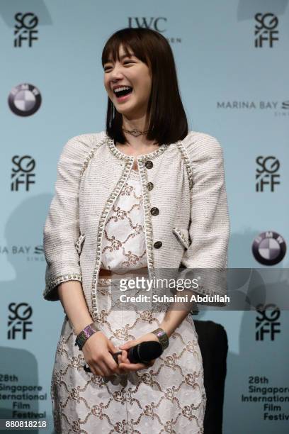 Actress Angela Yuen attends the 'In Conversation: The White Girl' during The Singapore International Film Festival at the ArtScience Museum on...