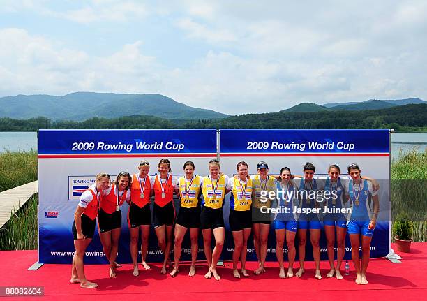 Gold medal winners Annie Vernon , Anna Bebington , Beth Rodford and Katie Greves of Great Britain pose with silver medallists Chantal Achterberg,...