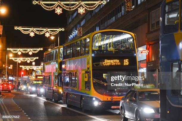 View of a busy evening traffic on George's Street in Dublin city center. On Monday, 27 November 2017, on Georges Quay, in Dublin, Ireland.