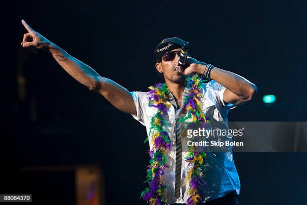 Justin 'El Nino' Poree of Ozomatli performs during the Domino Effect benefit concert at the New Orleans Arena on May 30, 2009 in New Orleans,...