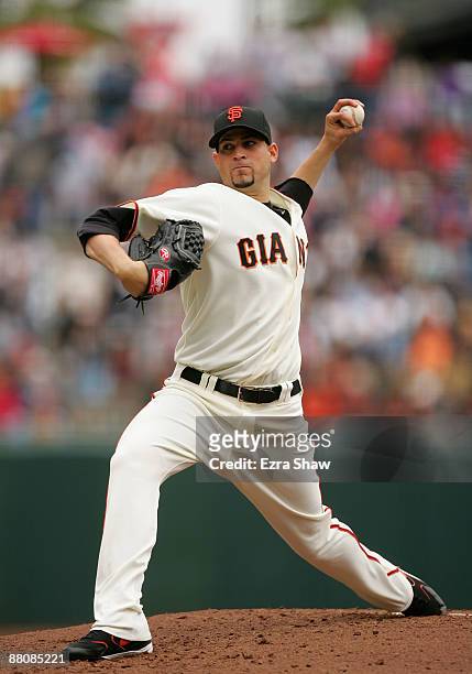 Jonathan Sanchez of the San Francisco Giants pitches against the St. Louis Cardinals at AT&T Park on May 31, 2009 in San Francisco, California.