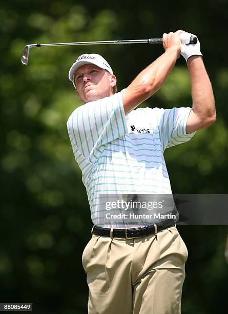 Steve Stricker hits his tee shot on the 8th hole during the final round of the Crowne Plaza Invitational at Colonial Country Club on May 31, 2009 in...