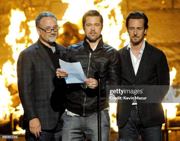 Director David Fincher, actor Brad Pitt and actor Ed Norton onstage at Spike TV's 2009 "Guys Choice Awards" held at the Sony Studios on May 30, 2009...