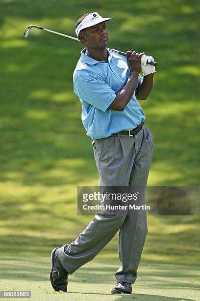 Vijay Singh of Fiji Islands hits his second shot on the 18th hole during the final round of the Crowne Plaza Invitational at Colonial Country Club on...