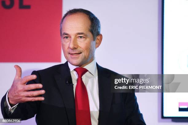 French banking group Societe Generale CEO, Frederic Oudea presents the group's 2020 strategic and financial plan "Transform to Grow" in...