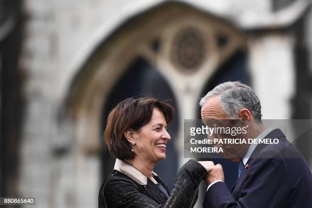Portuguese President Marcelo Rebelo de Sousa greets Swiss Confederation President Doris Leuthard upon her arrival at the Jeronimos Monastery in...