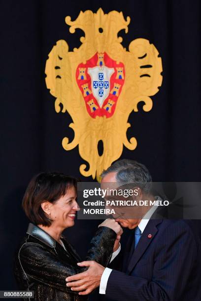 Portuguese President Marcelo Rebelo de Sousa poses with Swiss Confederation President Doris Leuthard ahead of their meeting at the Belem Palace in...