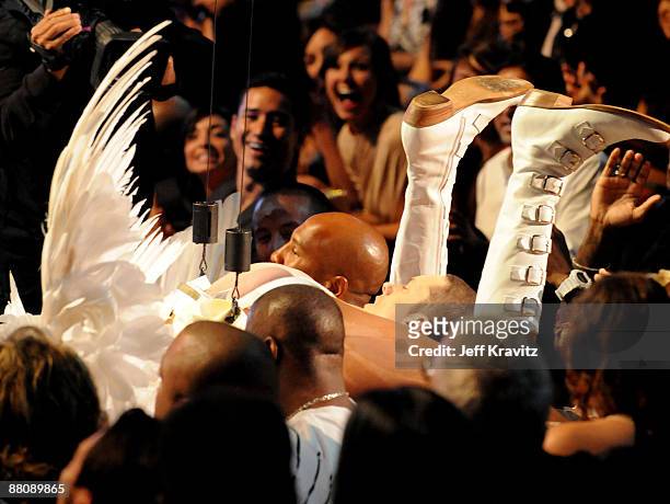 Actor Sacha Baron Cohen as Bruno and Eminem in the audience during the 2009 MTV Movie Awards held at the Gibson Amphitheatre on May 31, 2009 in...