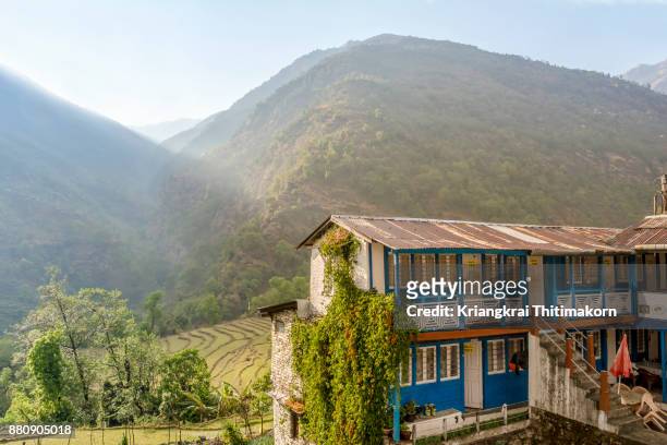 rural scene in annapurna conservation areas, nepal. - annapurna conservation area fotografías e imágenes de stock