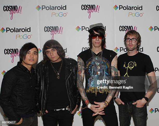 Anthony Improgo, Mason Musso, Trace Cyrus, and Blake Healy of Metro Station attend the CosmoGIRL! And Polaroid PoGo Metro Station VIP Concert on June...