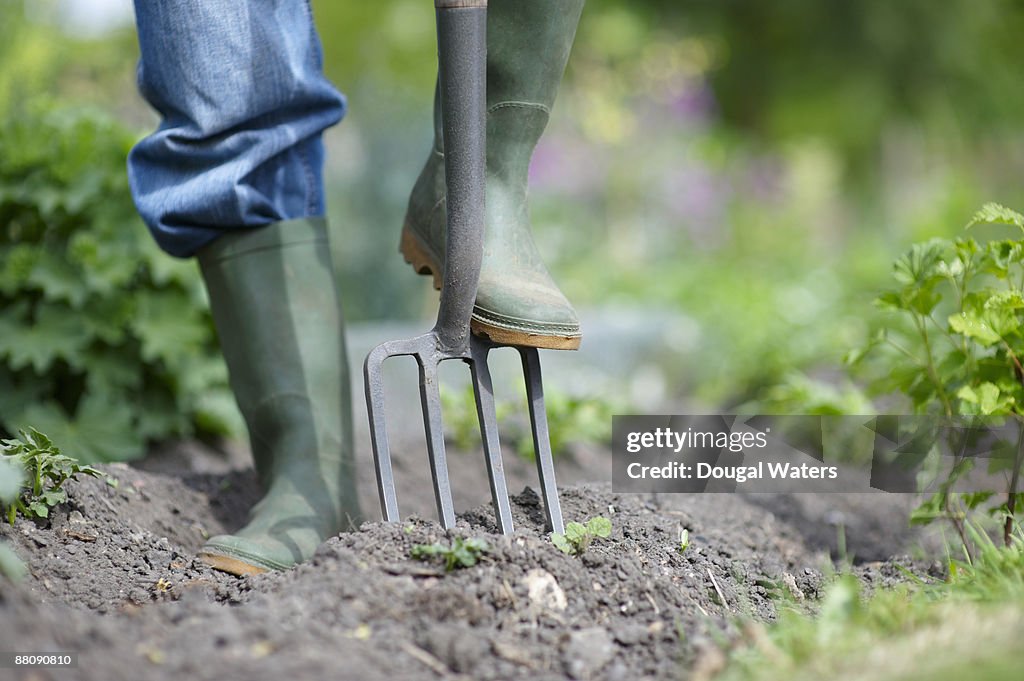 Foot pushing fork into ground.