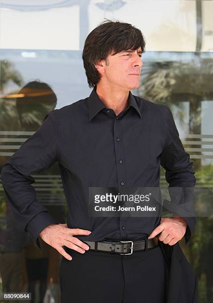 Head coach Joachim Loew of Germany is seen after the German National Team press conference at the Grand Hyatt Hotel on June 1, 2009 in Dubai, United...