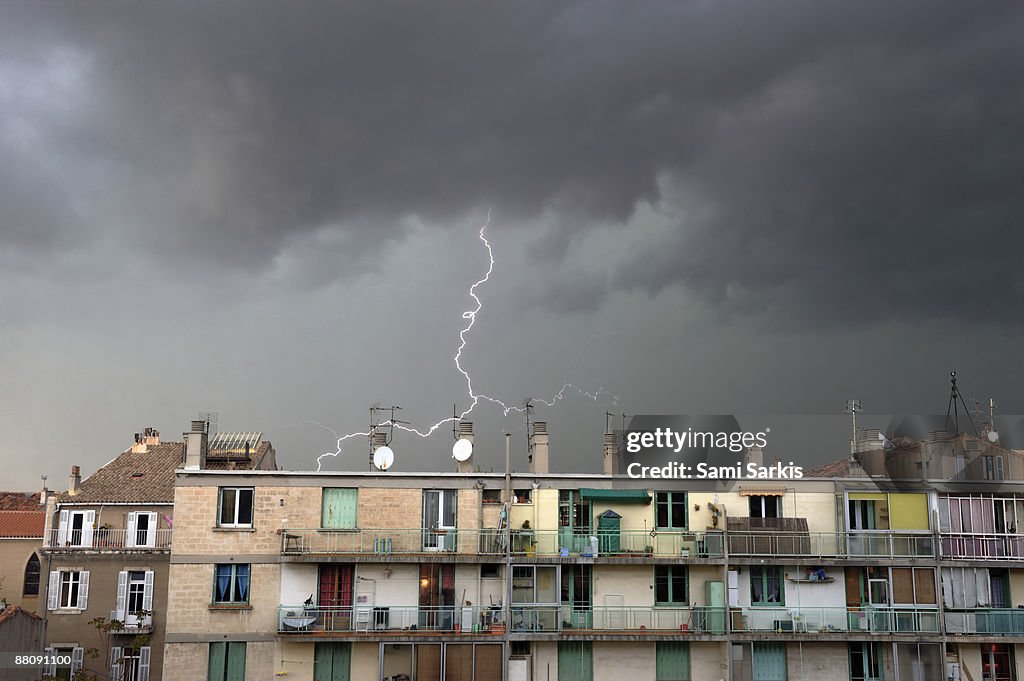 Lightning storm over buildings, Marseille