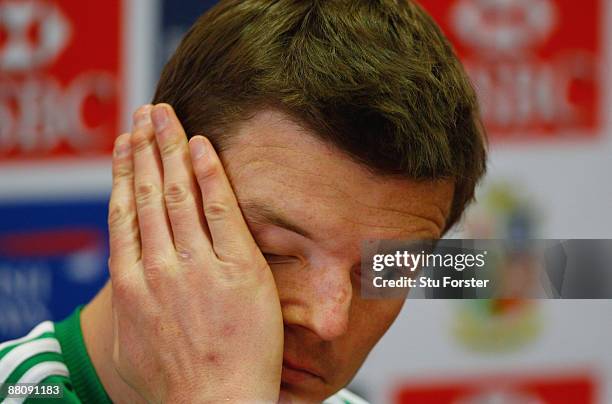 Brian O'Driscoll talks to the media after being named as captain for Wednesday's tour match against Xerox Golden Lions at St David's school on June...