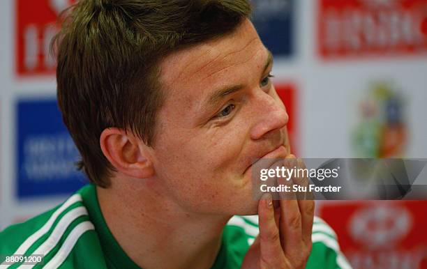 Brian O'Driscoll talks to the media after being named as captain for Wednesday's tour match against Xerox Golden Lions at St David's school on June...