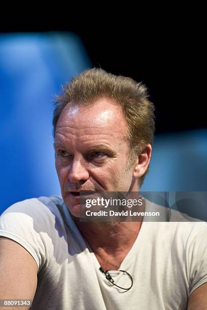 Sting on stage at the Hay festival, talking about his work on the film 'Twin Spirits', the story of Robert and Clara Schumann, on May 31, 2009 in...