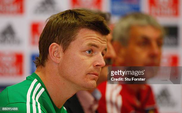 Brian O'Driscoll talks to the media after being named as captain for Wednesdays tour match against Xerox Golden Lions at St David's school on June 1,...