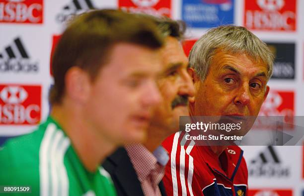 Brian O'Driscoll talks to the media as coach Ian McGeechan looks on after being named as captain for Wednesdays tour match against Xerox Golden Lions...