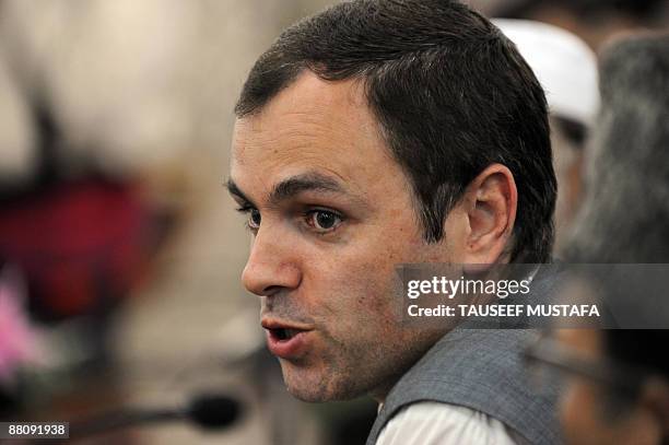 Kashmir chief minister Omar Abdullah speaks during a press confrence in Srinagar on June 1,2009. Omar Abdullah ordered a judicial probe into the...