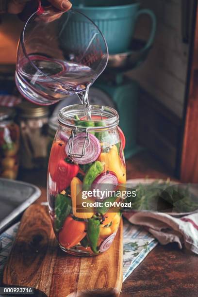preserving organic colored red bell peppers in jars - pickle relish stock pictures, royalty-free photos & images