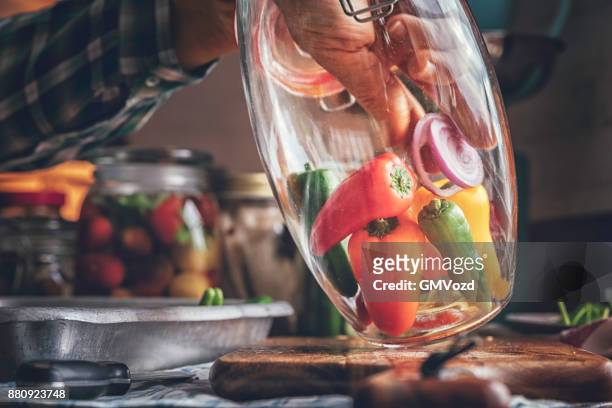 behoud van de biologische gekleurde rode paprika in potten - bell jar stockfoto's en -beelden