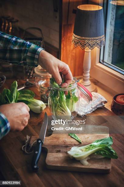 preservare il bok choy biologico nei barattoli - preservare foto e immagini stock