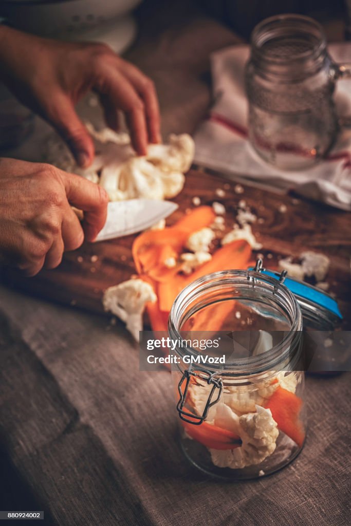 Preserving Organic Cauliflower and Carrots in Jars